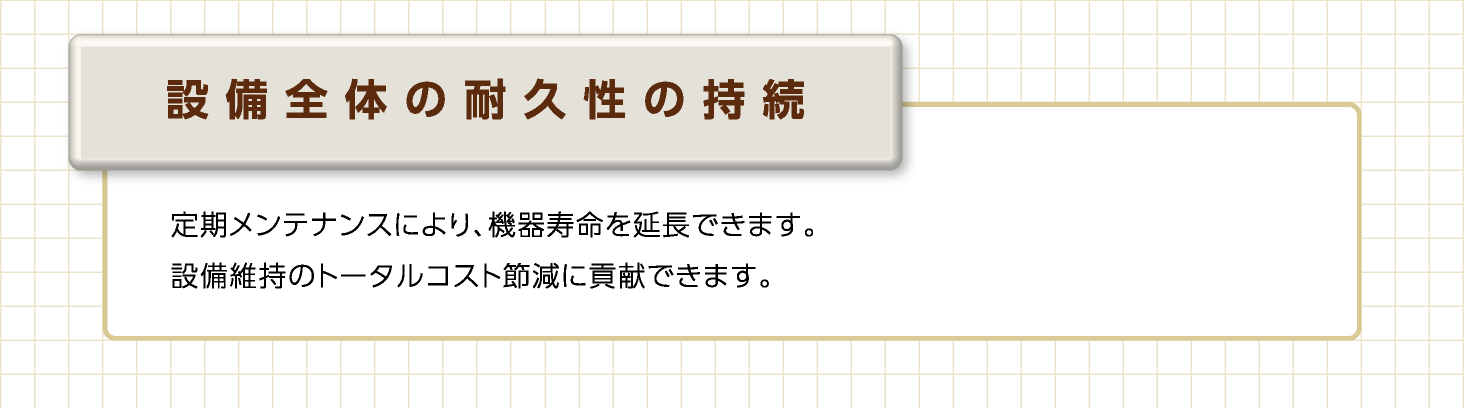 設備全体の耐久性の持続　定期メンテナンスにより、機器寿命を延長できます。設備維持のトータルコスト節減に貢献できます。