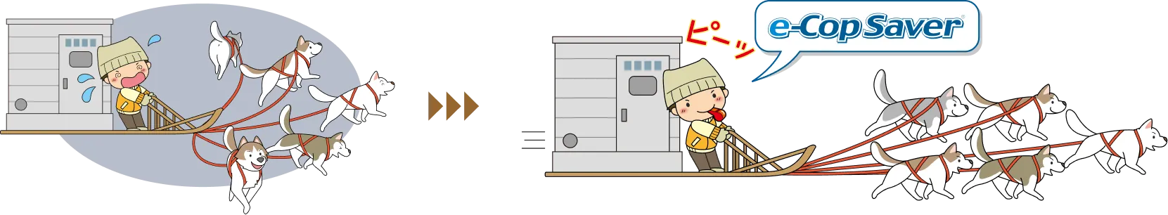 犬ぞりの御者とe-CopSaverの比喩イラスト