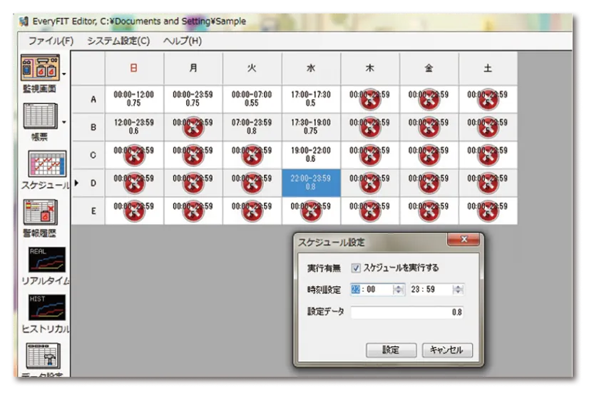 EveryFITの週間スケジュールタイマ画面