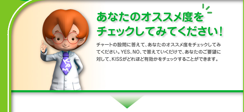 あなたのオススメ度をチェックしてみてください！チャートの設問に答えて、あなたのオススメ度をチェックしてみてください。YES、NO、で答えていくだけで、あなたのご要望に対して、KISSがどれほど有効かをチェックすることができます。